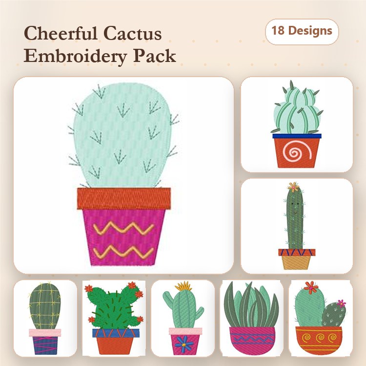 Cheerful Cacti Embroidery Designs Bundle – Cactus in Pink Pot, Tall Green Cactus, Cactus with Spiral Pattern Pot & More (18 Designs)