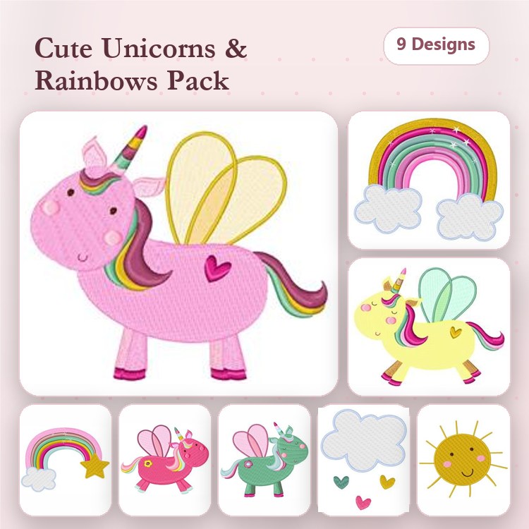 Unicorn & Rainbow Embroidery Designs Bundle – Pink Unicorn with Wings, Colorful Rainbow & More (9 Designs)