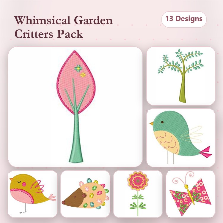 Garden Critters & Flora Embroidery Designs Bundle – Birds, Leaf, Tree, Flower & More (13 Designs)