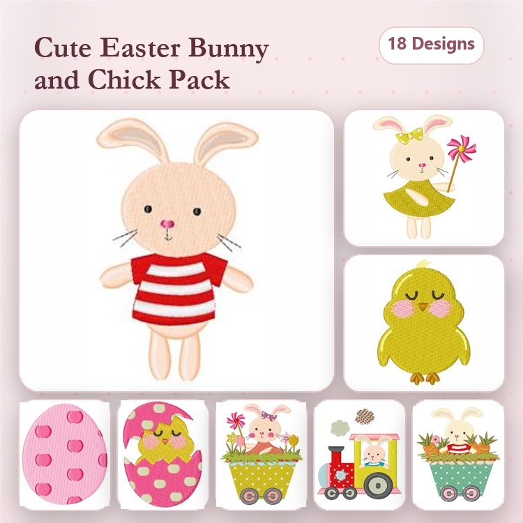 Applique Easter Bunny & Chick Embroidery Bundle – Bunny with Striped Shirt, Chick with Flower, Easter Egg & More (18 Designs)