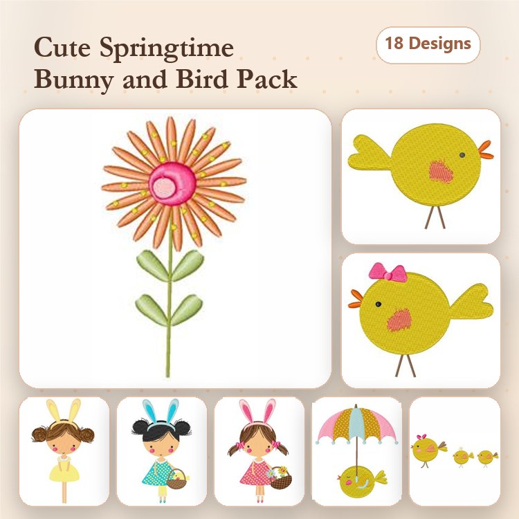 Springtime Animals Embroidery Bundle – Bunny with Basket, Yellow Bird with Bow, Girl with Umbrella & More (18 Designs)