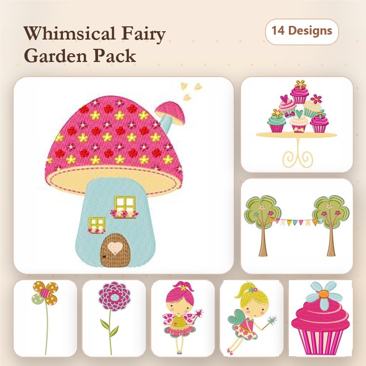 Applique Fairy Garden Embroidery Designs Bundle – Mushroom House, Cupcake Stand, Tree & More (14 Designs)