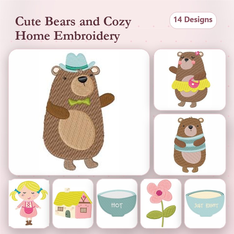 Cute Bear Characters Embroidery Designs Bundle – Bear with Hat and Bowtie, Girl with Pigtails, House & More (14 Designs)