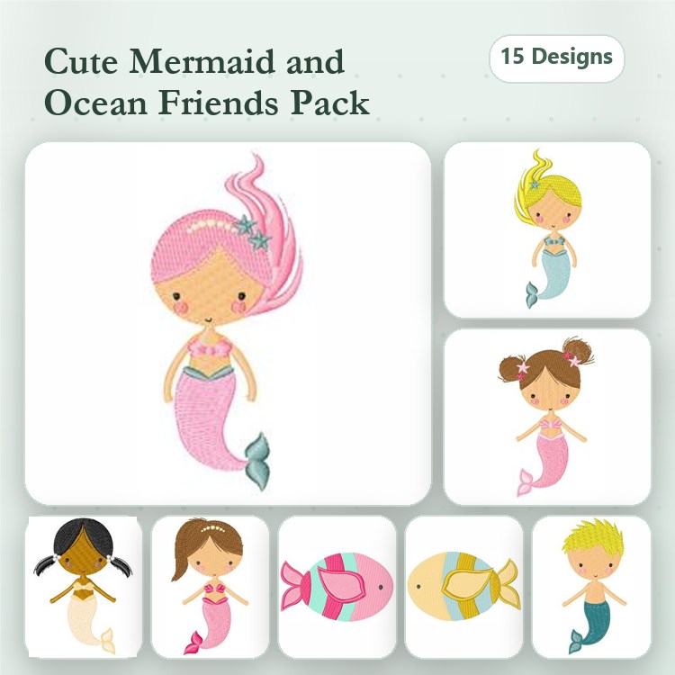 Mermaids & Colorful Fish Embroidery Designs Bundle – Mermaid with Pink Hair, Fish with Blue Scales & More (15 Designs)