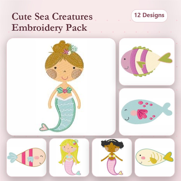 Cute Sea Creatures Embroidery Designs Bundle – Mermaid with Braids, Colorful Fish, Pink Fish & More (12 Designs)