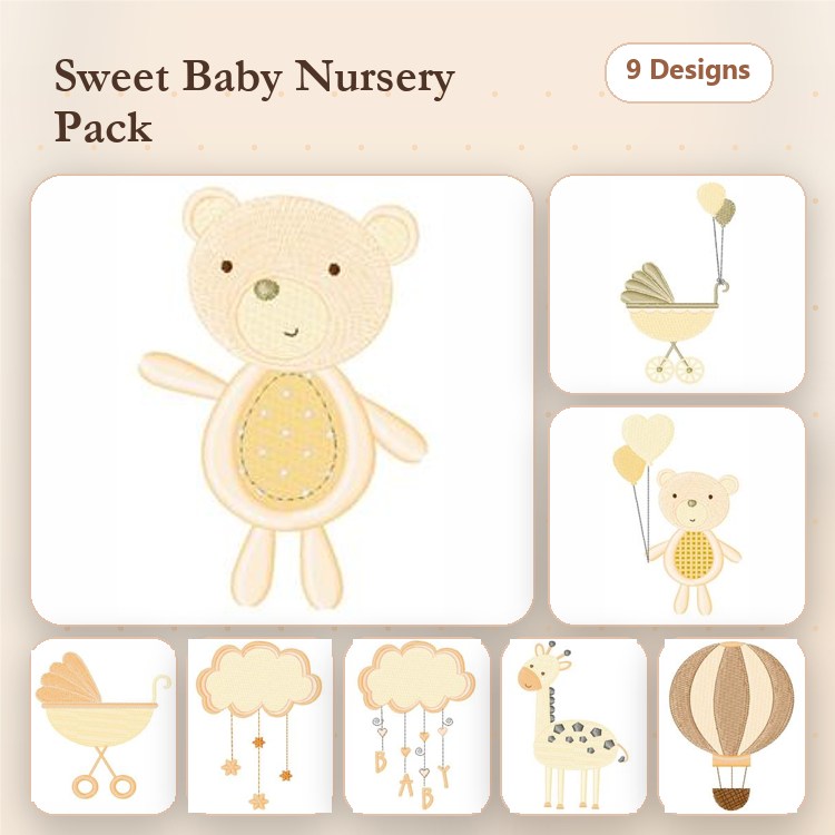 Applique Sweet Baby Nursery Embroidery Designs Bundle – Teddy Bear, Baby Carriage, Balloon Bear & More (9 Designs)