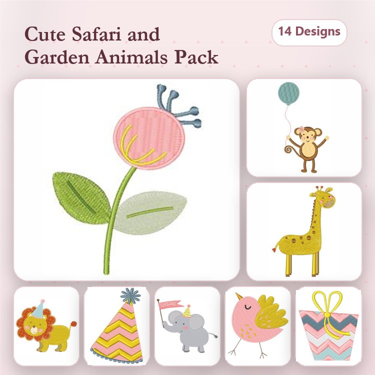 Cute Safari and Garden Animals Embroidery Bundle – Monkey with Balloon, Giraffe, Lion, Party Hat & More (14 Designs)