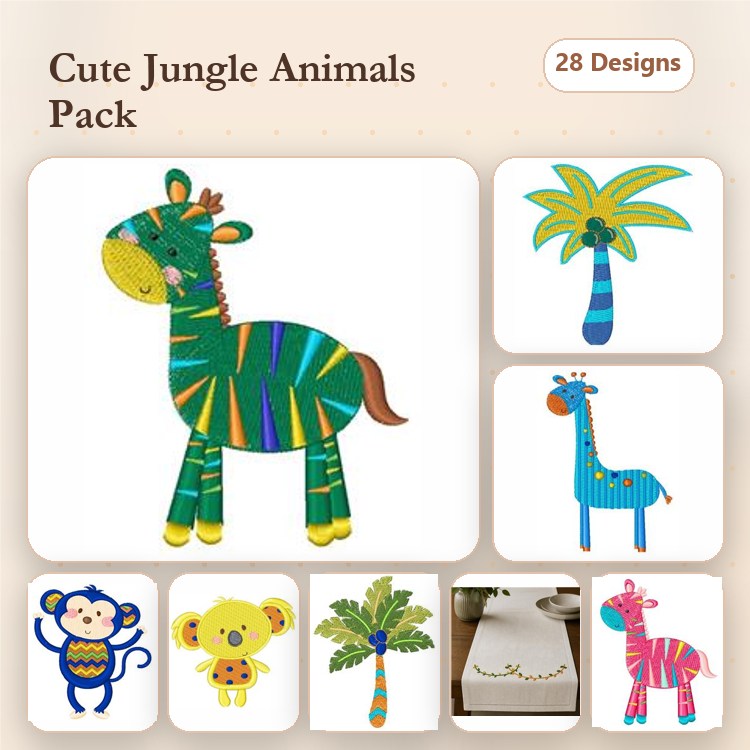 Applique Cute Jungle Animals Embroidery Bundle – Zebra, Giraffe, Monkey & More (28 Designs)