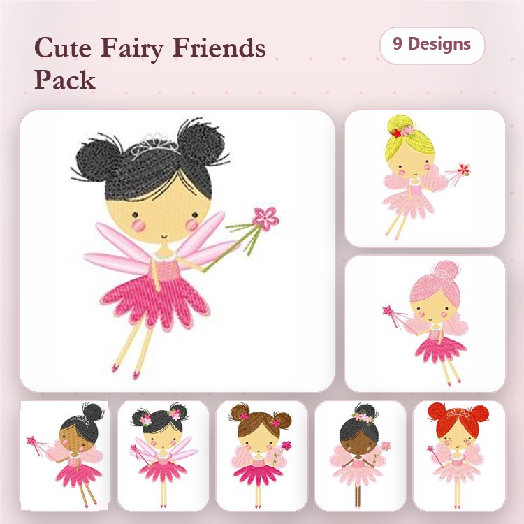 Applique Fairy Characters Embroidery Bundle – Black Hair Fairy, Blonde Hair Fairy, Fairy Holding Flower & More (9 Designs)