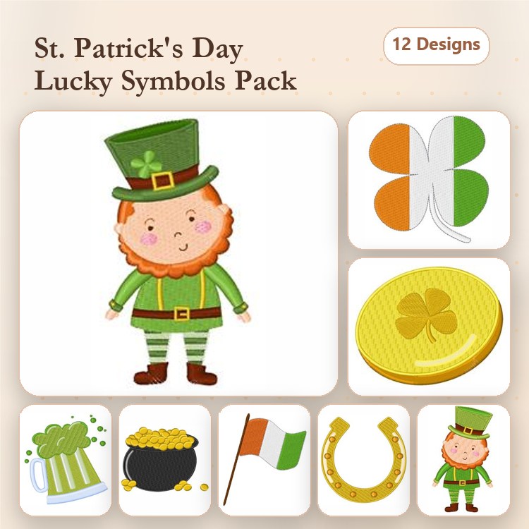 St. Patrick's Day Symbols Embroidery Designs Bundle – Leprechaun, Shamrock, Gold Coin & More (12 Designs)