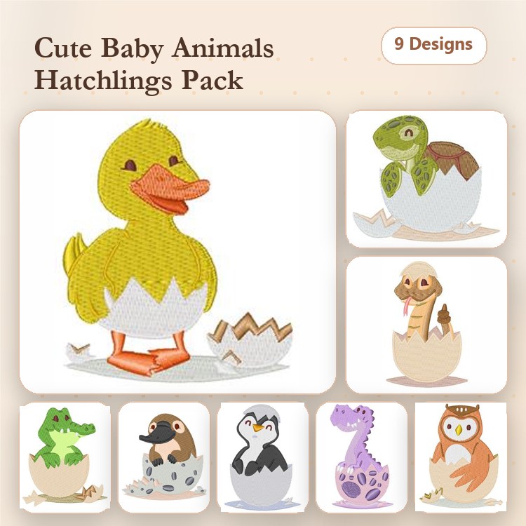 Cute Baby Animals Embroidery Designs Bundle – Duckling, Turtle Hatchling, Chick Hatchling & More (9 Designs)
