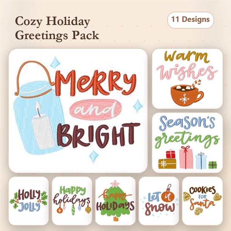 Cozy Holiday Greetings Embroidery Designs Bundle – Merry and Bright, Warm Wishes, Let It Snow & More (11 Designs)