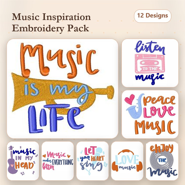 Music-Themed Phrases Embroidery Designs Bundle – Music is My Life, Peace Love Music, Let Your Heart Sing & More (12 Designs)