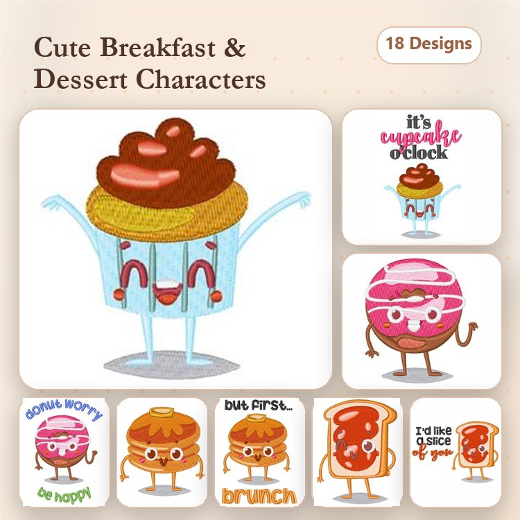 Cute Breakfast & Dessert Characters Embroidery Designs Bundle – Cupcake, Doughnut, Jam Jar, Pancake & More (18 Designs)