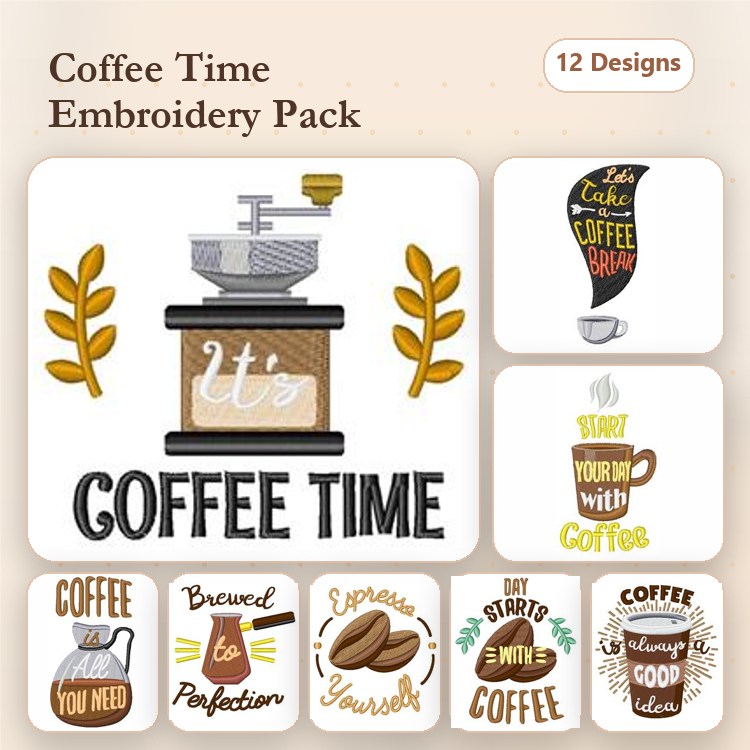 Coffee Themed Embroidery Designs Bundle – Coffee Grinder, Coffee Pot, Brewed to Perfection & More (12 Designs)