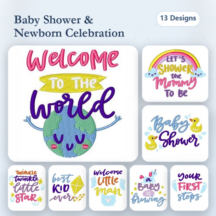 Baby Shower Celebration Embroidery Designs Bundle – Welcome to the World, Twinkle Twinkle Little Star, & More (13 Designs)