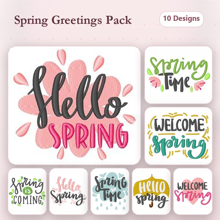 Spring Greetings Embroidery Designs Bundle – Hello Spring, Spring Time, Welcome Spring & More (10 Designs)