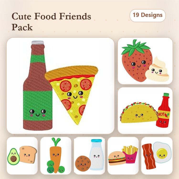 Applique Cute Food Characters Embroidery Designs Bundle – Pizza Slice, Strawberry, Taco & More (19 Designs)