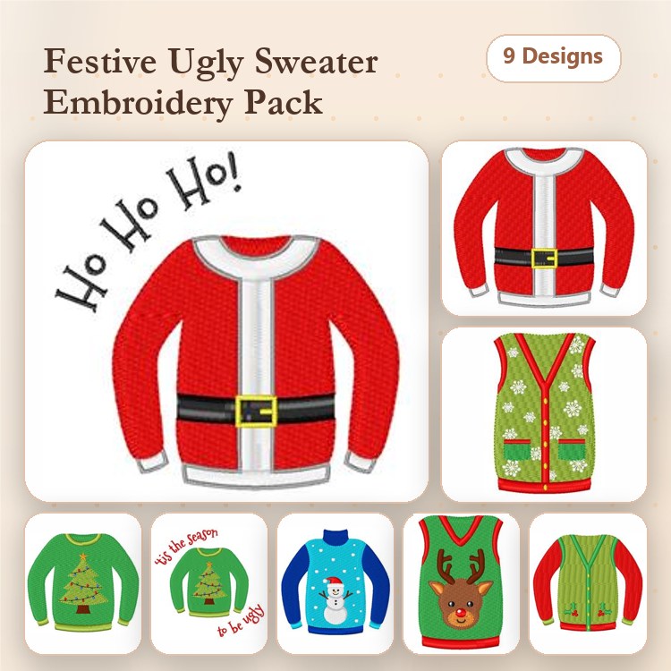 Festive Ugly Sweaters Embroidery Designs Bundle – Santa, Reindeer, Christmas Tree & More (9 Designs)
