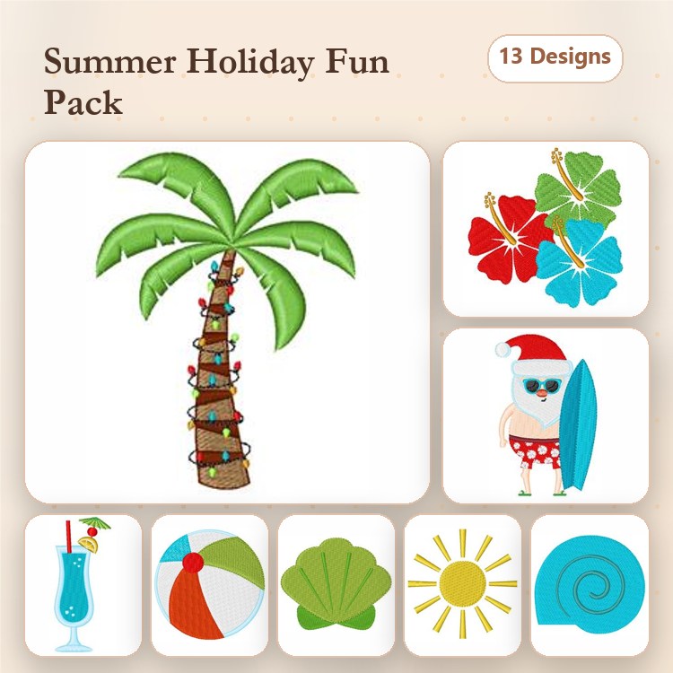 Summer Holiday Embroidery Designs Bundle – Palm Tree with Lights, Hibiscus Flowers, Surfing Santa & More (13 Designs)