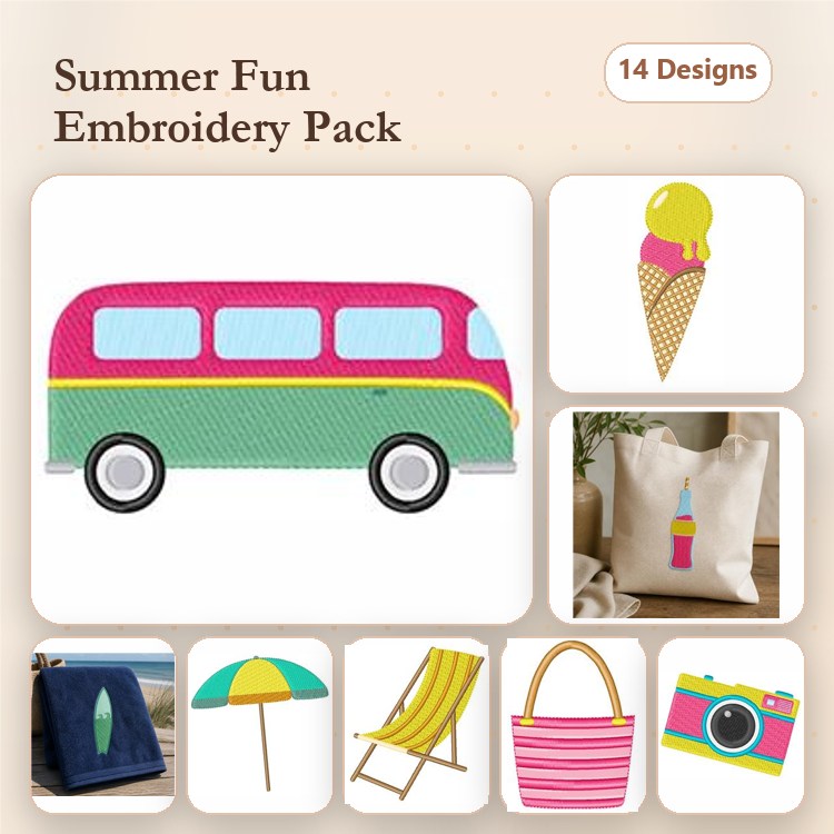 Summer Activities Embroidery Designs Bundle – Vintage Camper, Ice Cream Cone, Beach Tote Bag & More (14 Designs)