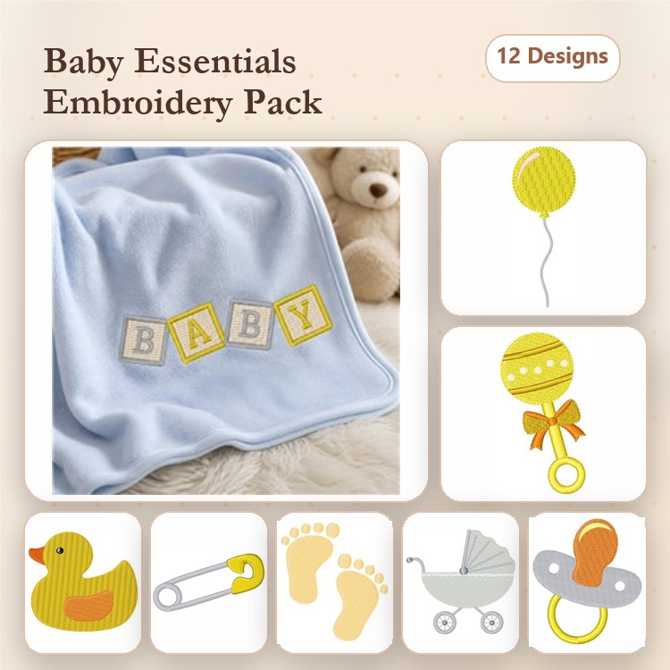 Baby Essentials Embroidery Designs Bundle – Baby Blocks, Duck, Rattle, Pacifier & More (12 Designs)