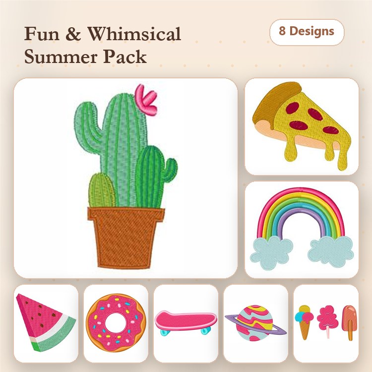 Summer-themed Embroidery Designs Bundle – Cactus, Pizza Slice, Rainbow, Watermelon Slice & More (8 Designs)