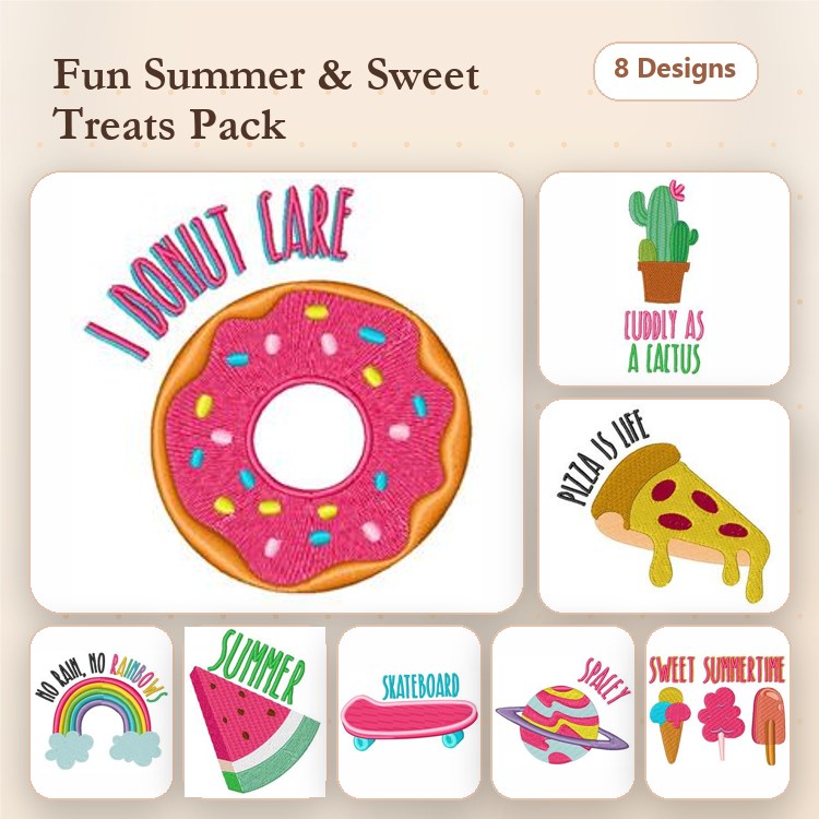 Summer Sweet Treats Embroidery Designs Bundle – Donut, Pizza Slice, Cactus, Watermelon & More (8 Designs)