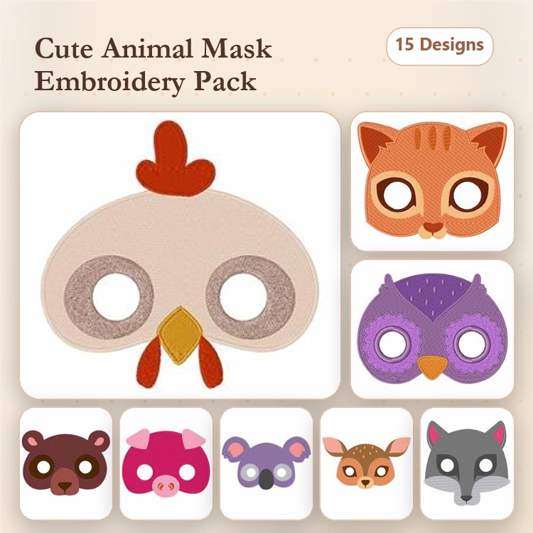 Applique Cute Animal Masks Embroidery Bundle – Chicken, Cat, Owl, Bear & More (15 Designs)
