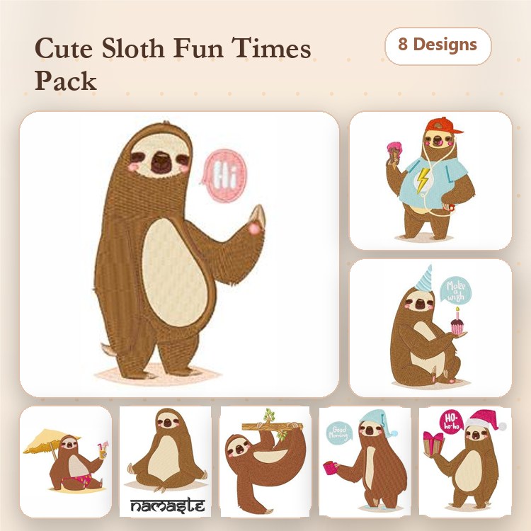 Cute Sloth Characters Embroidery Bundle – Sloth with Ice Cream, Sloth in Party Hat, & More (8 Designs)