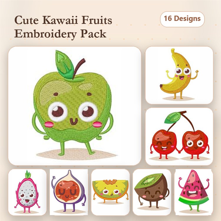 Cute Kawaii Fruits Embroidery Bundle – Green Apple, Banana, Cherries with Faces & More (16 Designs)