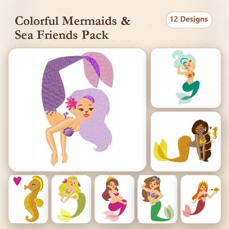 Colorful Mermaids & Sea Friends Embroidery Designs Bundle – Mermaid with Purple Tail, Sea Horse with Heart & More (12 Designs)