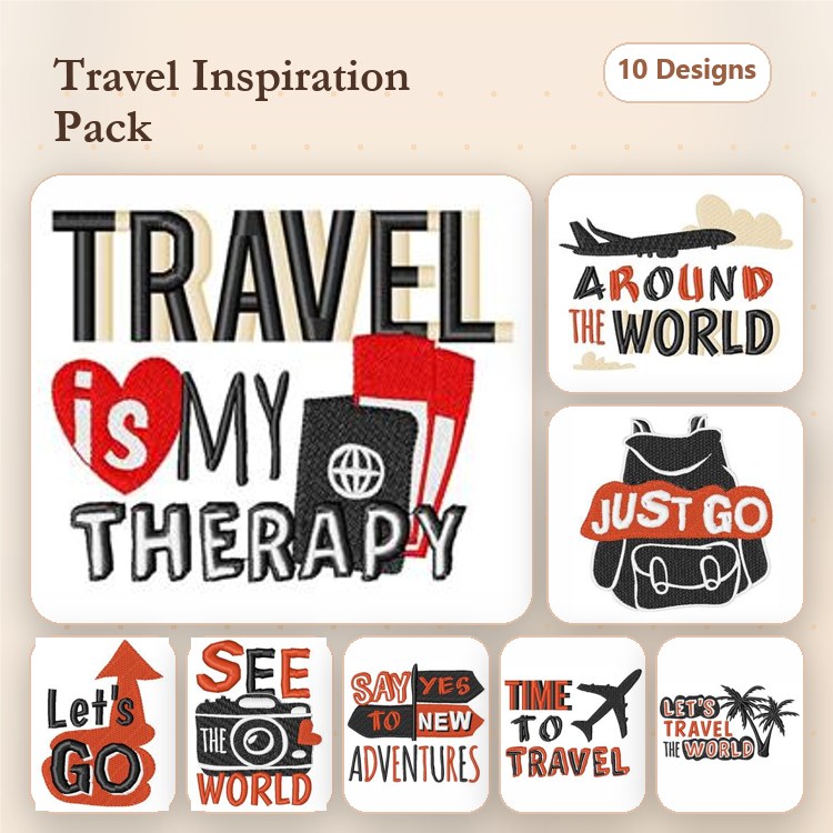 Travel Adventure Embroidery Designs Bundle – Travel is My Therapy, See the World, Wanderlust & More (10 Designs)