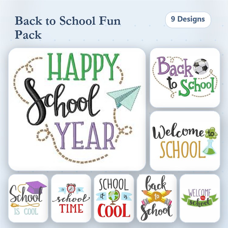 Back to School Embroidery Designs Bundle – Happy School Year, Welcome to School, School is Cool & More (9 Designs)