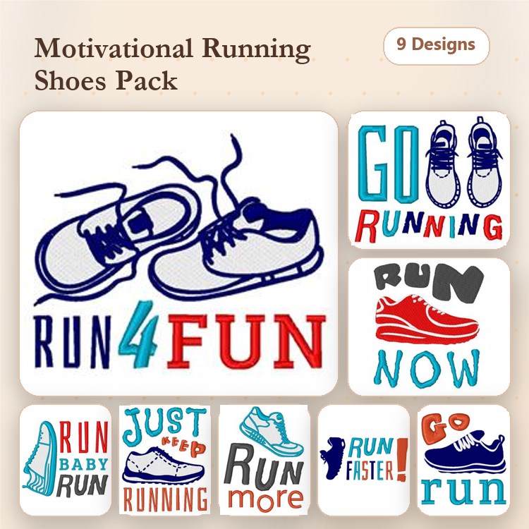 Motivational Running Shoes Embroidery Designs Bundle – RUN 4 FUN, GO RUNNING, RUN NOW & More (9 Designs)