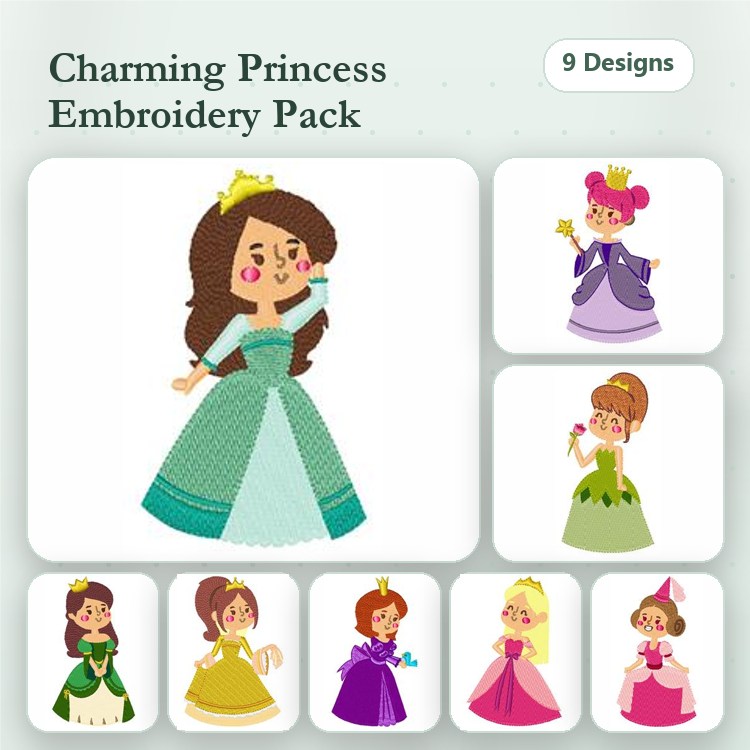 Princess Characters Embroidery Designs Bundle – Green, Purple, Pink Dress Princess & More (9 Designs)