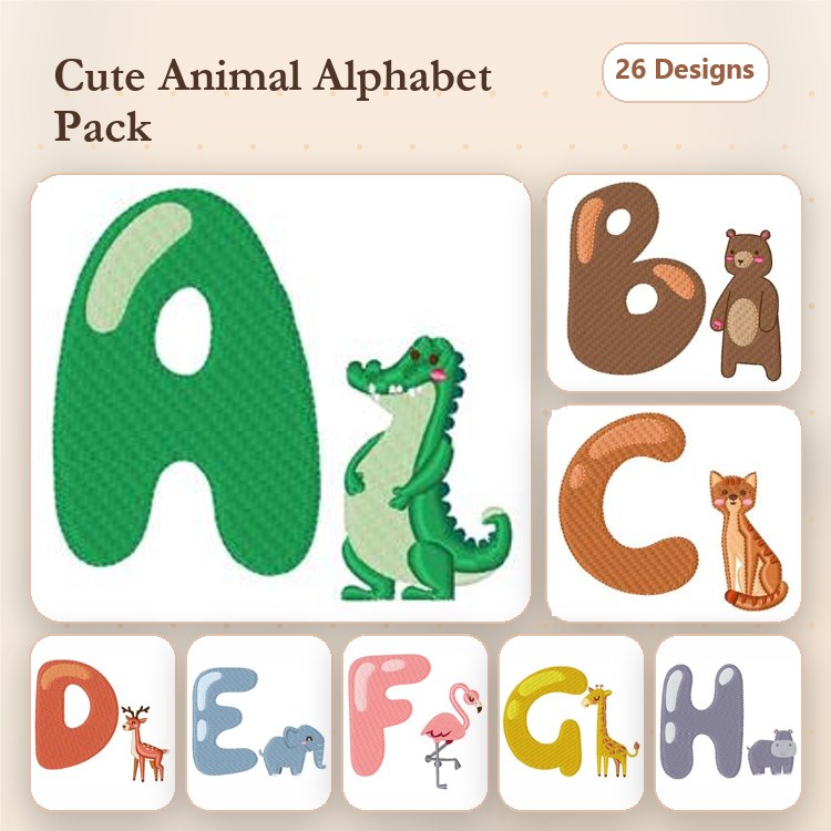 Animal-Themed Alphabet Embroidery Designs Bundle – A with Crocodile, B with Bear, C with Cat & More (26 Designs)