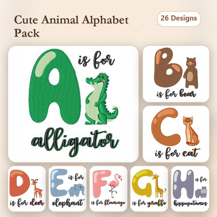 Animal Alphabet Embroidery Designs Bundle – A is for Alligator, B is for Bear, C is for Cat & More (26 Designs)