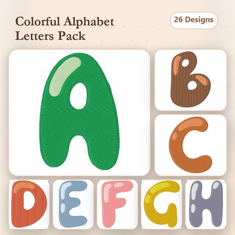 Colorful Alphabet Letters Embroidery Designs Bundle – Green Letter A, Brown Letter B, Pink Letter C & More (26 Designs)