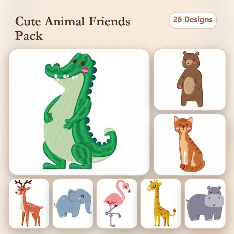 Cute Cartoon Animal Embroidery Bundle – Crocodile, Bear, Cat, & More (26 Designs)