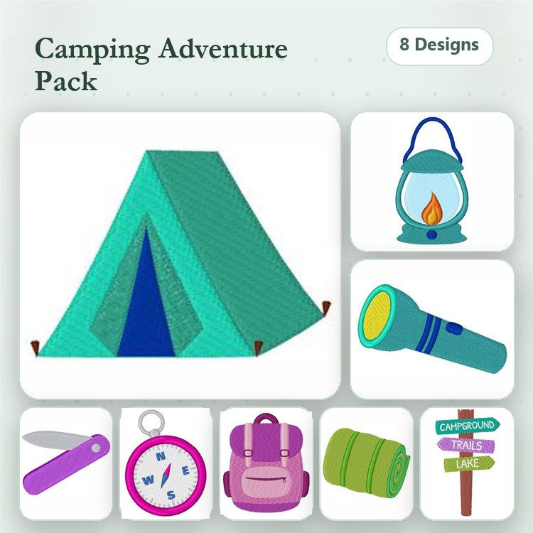 Camping Themed Embroidery Designs Bundle – Tent, Lantern, Flashlight & More (8 Designs)