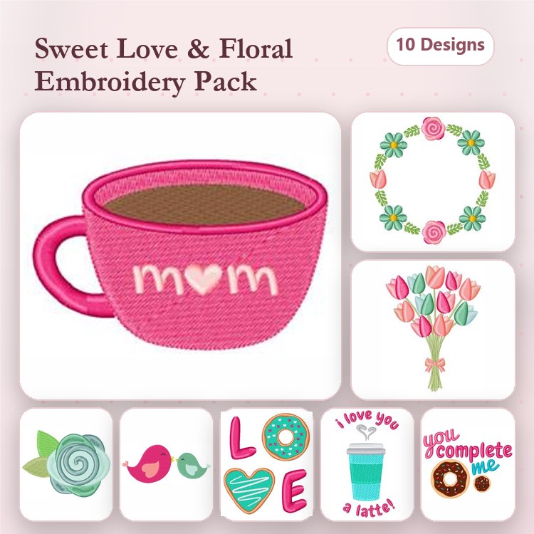 Love & Floral Embroidery Designs Bundle – Coffee Cup with Heart, Floral Wreath, Bouquet of Tulips & More (10 Designs)