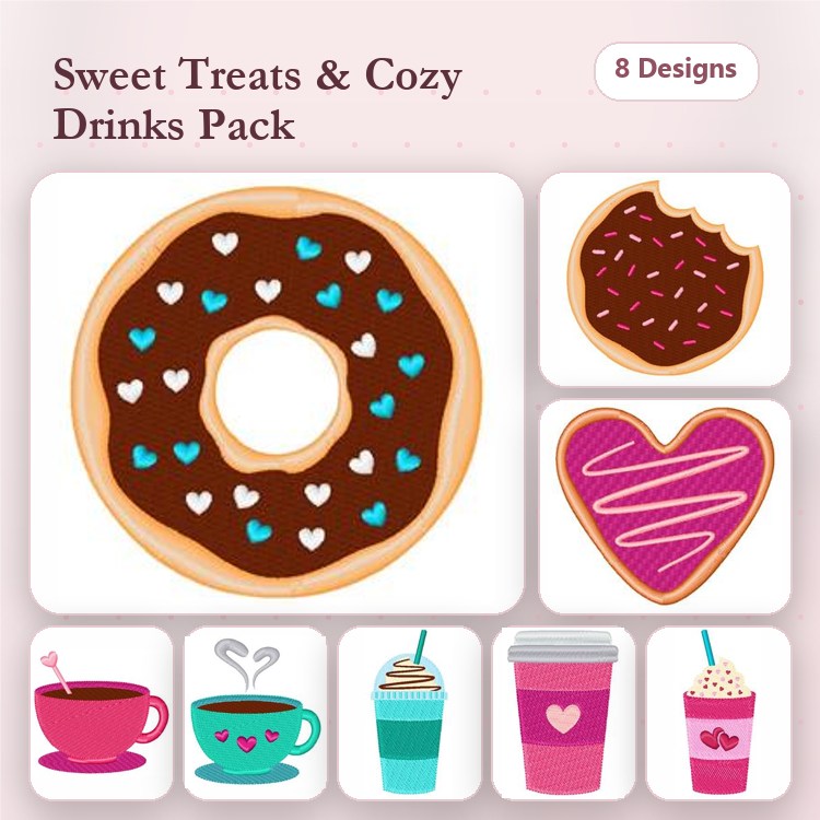 Sweet Treats & Beverages Embroidery Designs Bundle – Chocolate Doughnut, Pink Iced Doughnut, Cup of Coffee & More (8 Designs)