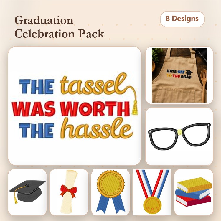 Graduation Celebration Embroidery Designs Bundle – Graduation Cap, Diploma, Graduation Text & More (8 Designs)