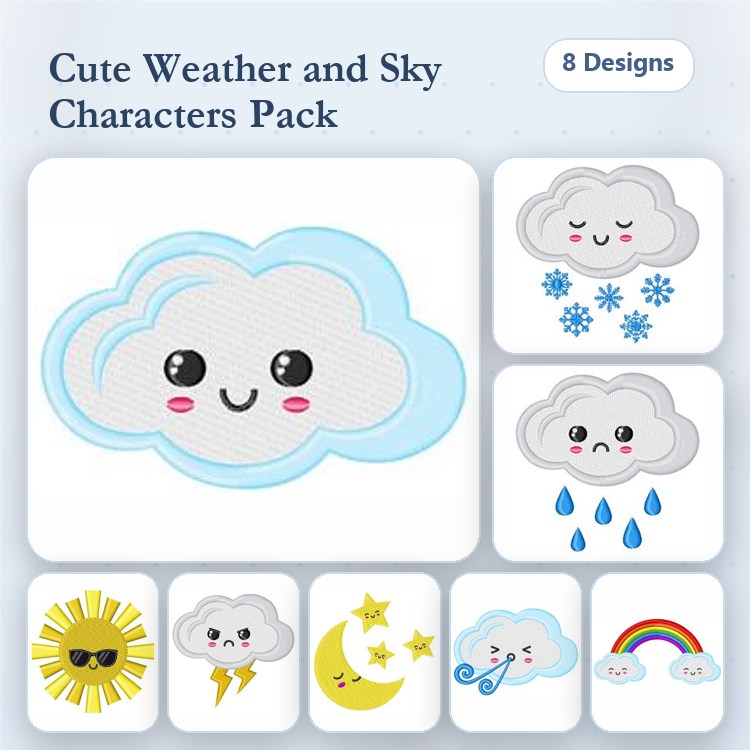 Cute Weather Characters Embroidery Designs Bundle – Smiling Cloud, Sun with Face, Rainbow & More (8 Designs)