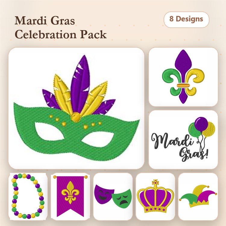 Mardi Gras Celebration Embroidery Designs Bundle – Mardi Gras Mask, Fleur de Lis, Balloons & More (8 Designs)
