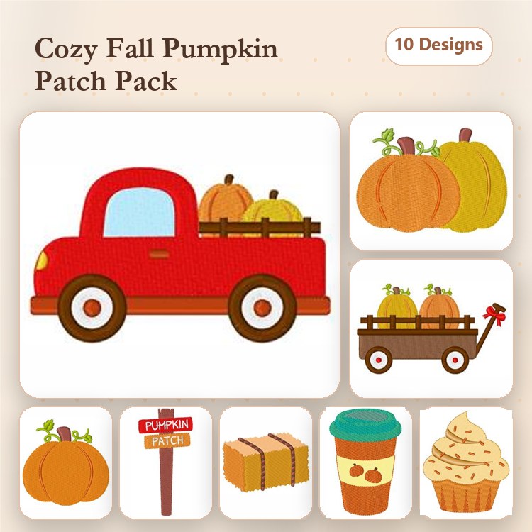Fall Pumpkins and Harvest Embroidery Designs Bundle – Red Truck with Pumpkins, Wagon with Pumpkins, Pumpkin Patch Sign & More (10 Designs)