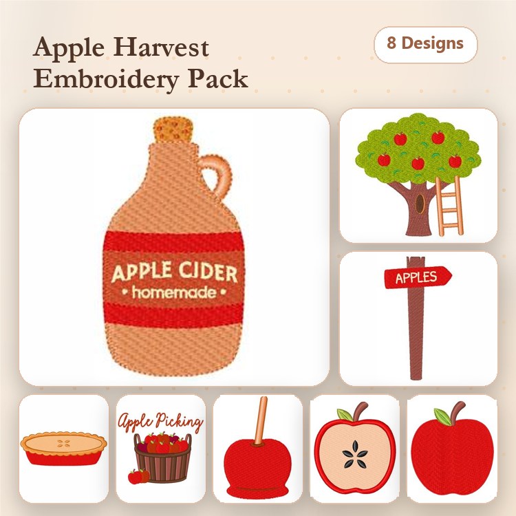 Apple Harvest Embroidery Designs Bundle – Apple Cider Jug, Apple Tree, Apple Sign & More (8 Designs)