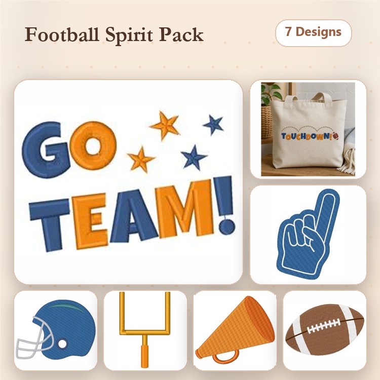 Football Spirit Embroidery Designs Bundle – Go Team Text, Football Helmet, Goal Post & More (7 Designs)