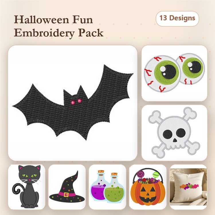 Halloween-themed Embroidery Designs Bundle – Bat, Eyeballs, Skull, Black Cat & More (13 Designs)